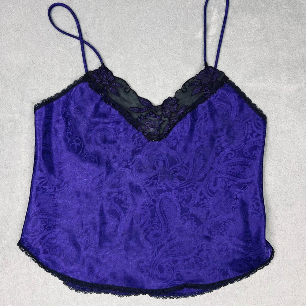Sleep Solutions Purple Paisley Jacquard Lace Trim Camisole Top Women Small VTG